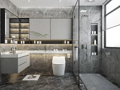 Modern Bathroom Interior With Marble Walls Vanity Toilet Shower And Cabinets 3d model