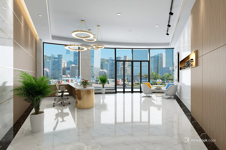Modern Hotel Lobby Interior With Large Windows Chandeliers And Marble Flooring 3d model
