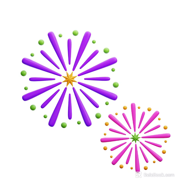 Decorative Firework Shaped Ornament Set With Purple Pink Star Centers And Colorful Dots 3d model 