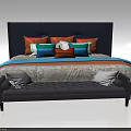Dark Blue Headboard Double Bed With Colorful Pillows And Gray Bench 3d model