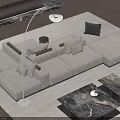 Plush Sectional Sofa in Neutral Tones with Area Rug Floor Lamp and Marble Coffee Tables