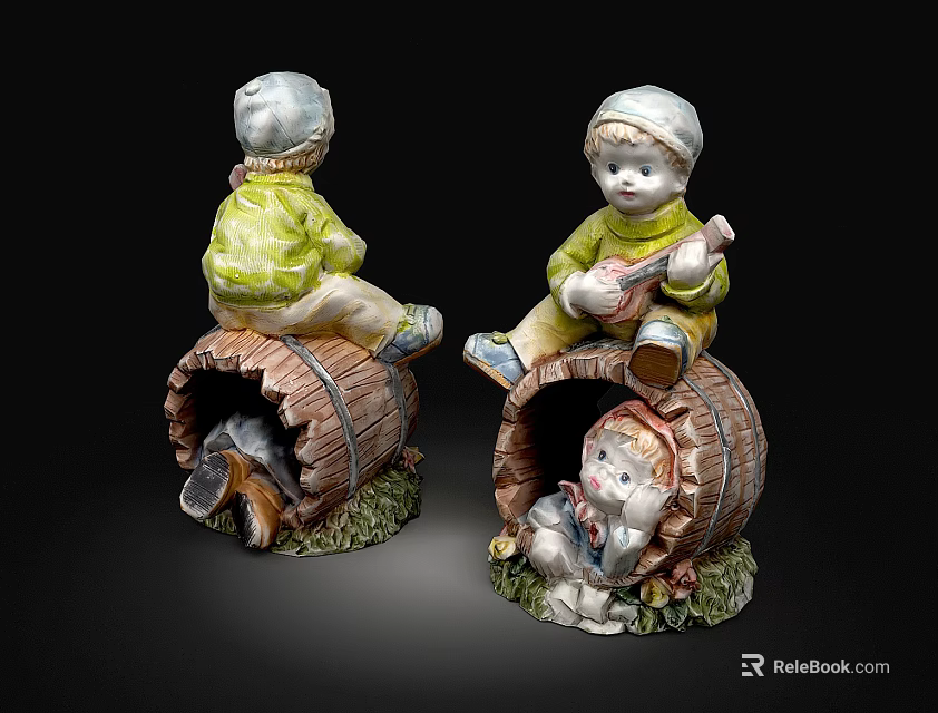 Decorative Ceramic Figurines of Children Sitting on Wooden Barrels with Musical Instrument and Small Animal 3d model 