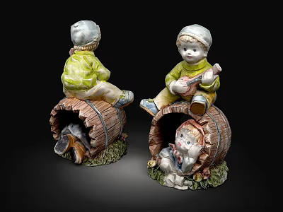 Decorative Ceramic Figurines of Children Sitting on Wooden Barrels with Musical Instrument and Small Animal 3d model