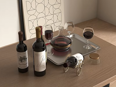 Elegant Red Wine Bottles And Glasses On Wooden Table With Tray In Room Setting 3d model