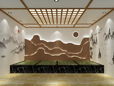 Serene SPA Sauna Interior With Wooden Lattice Ceiling Landscape Painting Wall And Stone Platform Lighting 3d model