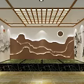 Serene SPA Sauna Interior With Wooden Lattice Ceiling Landscape Painting Wall And Stone Platform Lighting