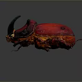 Vibrant Red Beetle With Black Horns And Detailed Legs On Gray Background