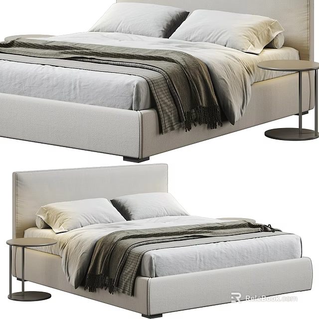 Modern Upholstered Double Bed With Linen Sheets Throw Blanket And Round Nightstand 3d model 