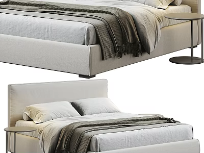 Modern Upholstered Double Bed With Linen Sheets Throw Blanket And Round Nightstand 3d model