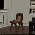 Wooden Dining Chair With Woven Backrest Near Fireplace And Gold Framed Pictures On Wooden Floor