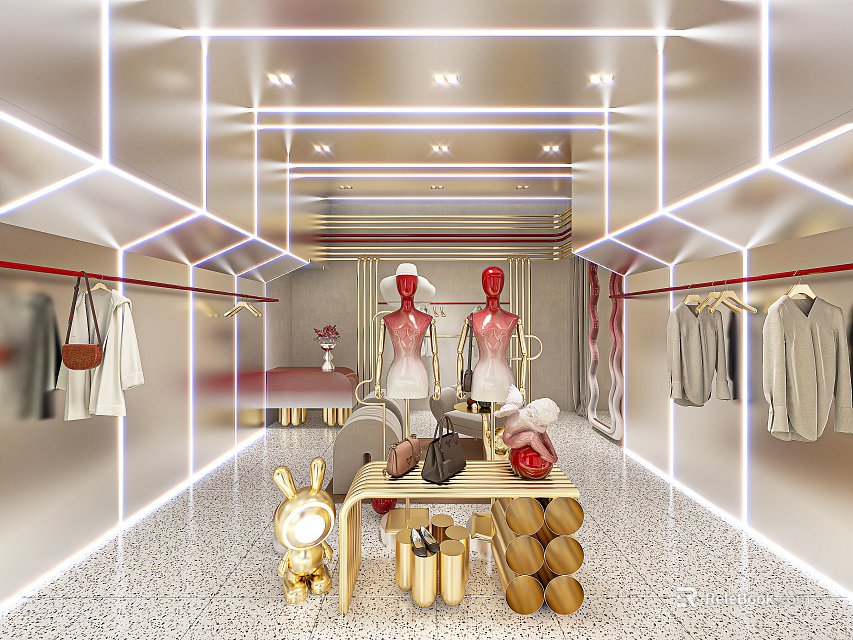 Modern Clothing Store Interior With Mannequins Clothes On Hangers Display Table And Decorative Items 3d model 