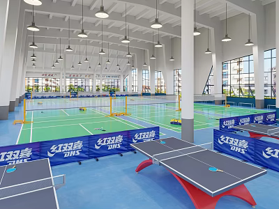 Indoor Sports Hall With Table Tennis Tables And Badminton Courts For Fitness Training 3d model