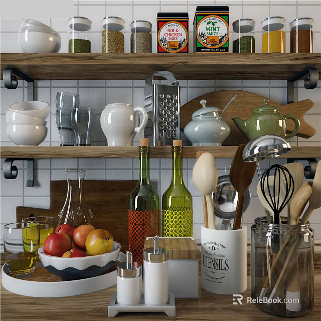 Stylish Kitchen Utensils Arranged On Shelves With Spoons Whisks Graters Teapots Jars And Bottles 3d model 