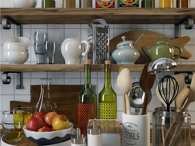 Stylish Kitchen Utensils Arranged On Shelves With Spoons Whisks Graters Teapots Jars And Bottles 3d model