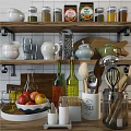 Stylish Kitchen Utensils Arranged On Shelves With Spoons Whisks Graters Teapots Jars And Bottles