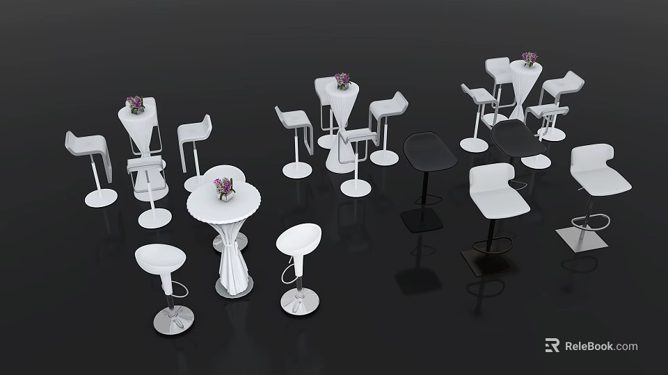 Modern Bar Counter With Round Tables White Black Stools And Vase Decoration 3d model 
