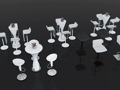 Modern Bar Counter With Round Tables White Black Stools And Vase Decoration 3d model