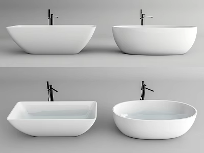 White Modern Bathtubs In Different Shapes With Black Faucets And Water 3d model