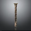 Intricately Carved Decorative Column With Ornate Patterns And Brown Wooden Finish