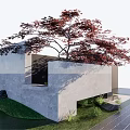 Modern Landscape Wall Design With Red Maple Tree Small Green Tree Grass And Stone Pavement 3d model