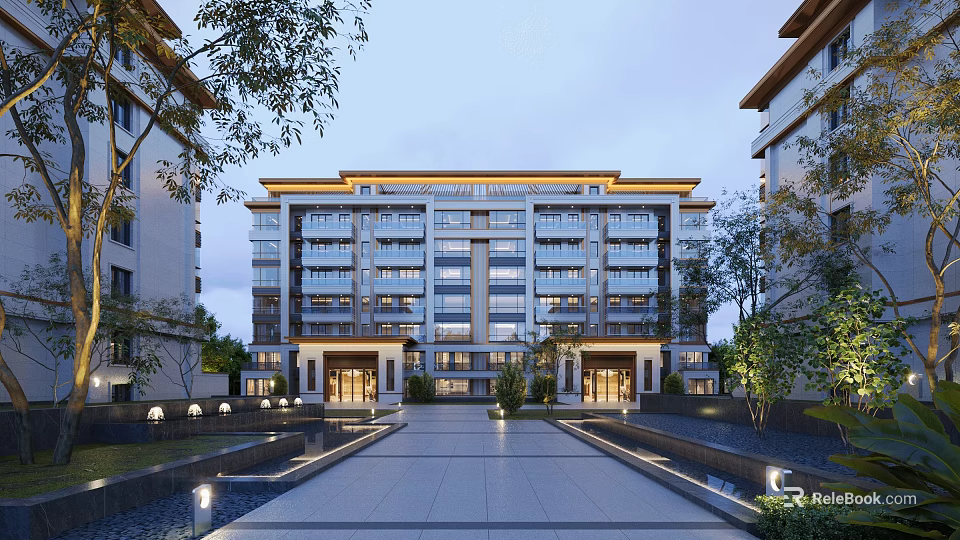 Modern Residential Building Exterior With Multi story Design And Landscaped Entrance Lighting 3d model 