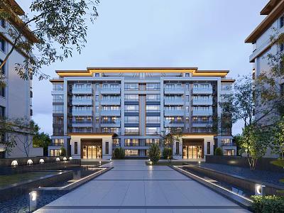 Modern Residential Building Exterior With Multi story Design And Landscaped Entrance Lighting 3d model