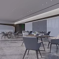 Modern Casual Lounge Area With Large Windows White Pillars Grass Field View And Gray Chairs