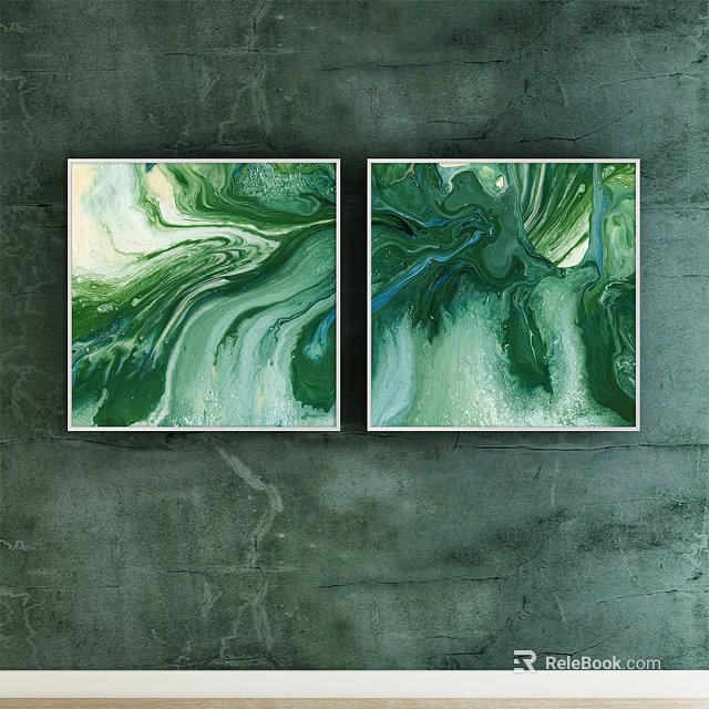 Green Abstract Paintings Diptych With Fluid Patterns On Gray Concrete Wall 3d model