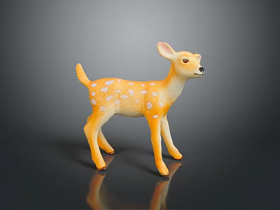 Fawn Toy Figurine With Yellow Body White Spots On Black Background And Reflection 3d model