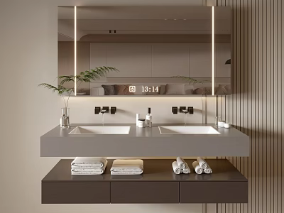 Modern Bathroom Vanity with Double Sinks Large Mirror Plant and Drawers 3d model