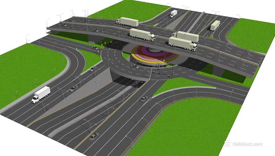 Multi Level Road Interchange with Roundabout Traffic Lanes Vehicles and Greenery 3d model 
