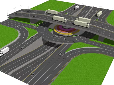 Multi Level Road Interchange with Roundabout Traffic Lanes Vehicles and Greenery 3d model