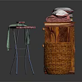 Wooden Clothes Hanger Setup With Ironing Board Stacked Towels And Wicker Basket Near Cabinet