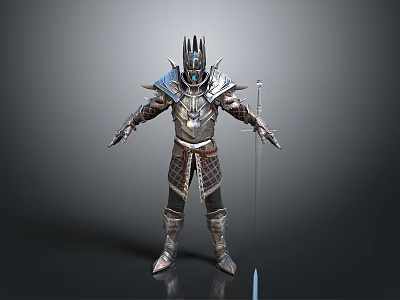 Fantasy Warrior In Spiked Helmet And Detailed Armor Holding Long Sword Standing Firmly 3d model
