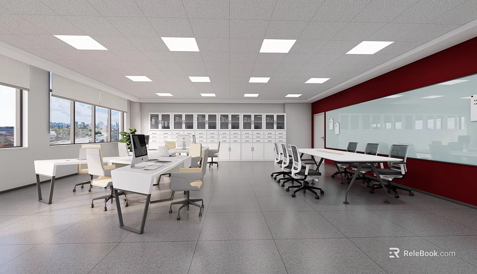 Spacious Modern School Classroom With White Desks Red Walls Storage Cabinets And Windows 3d model 