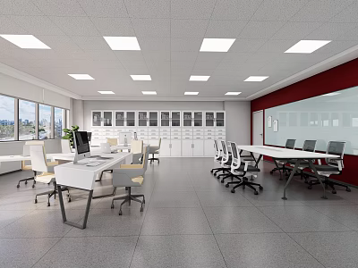 Spacious Modern School Classroom With White Desks Red Walls Storage Cabinets And Windows 3d model