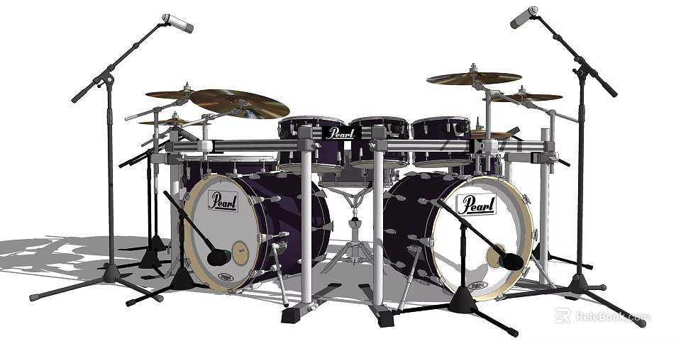 Pearl Musical Instrument Drum Set With Multiple Drums Cymbals And Microphone Stands 3d model 