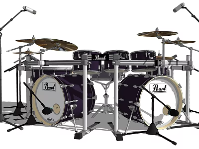 Pearl Musical Instrument Drum Set With Multiple Drums Cymbals And Microphone Stands 3d model