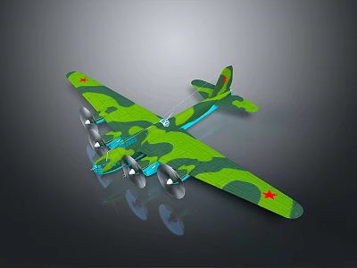 Green Camouflage Airplane Model With Four Propellers Red Stars On Wings Against Gray Background 3d model