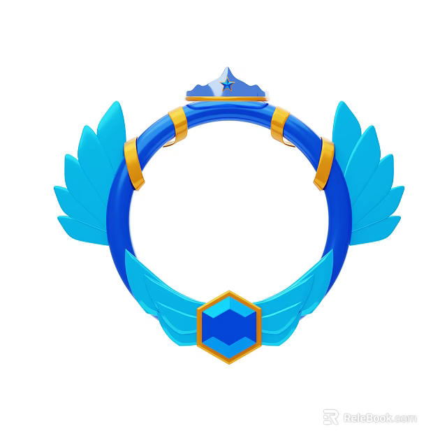 Blue Decorative Ornament Set With Circular Ring Blue Wings Gold Accents Crown And Gemstone 3d model 