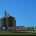 Industrial Factory Building Food Grade With Large Silver Silos Blue Sky Green Lawn And White Truck