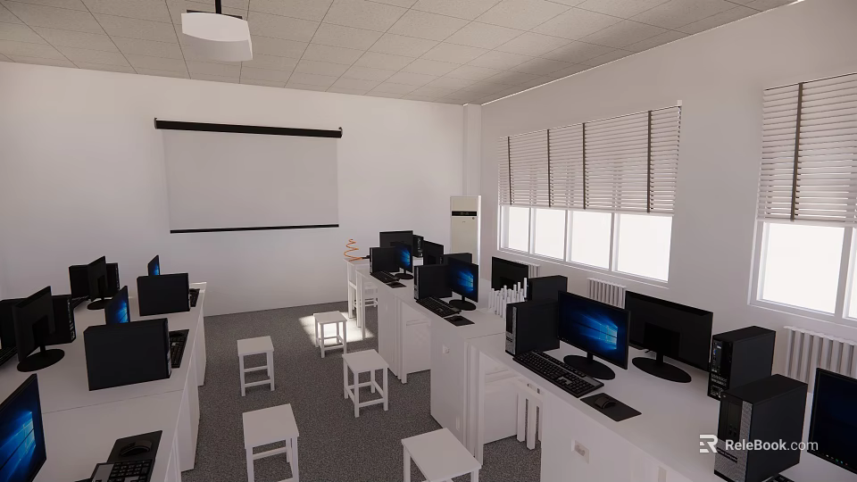 School Modern Computer Classroom With Desks Computers Projection Screen And Windows 3d model