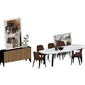 Elegant Dining Table Set with White Table Brown Chairs Wooden Cabinet and Abstract Wall Paintings