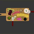 Assorted Cheese Platter with Grapes Blue Bowls on Wooden Cutting Board and Red Handle Knives