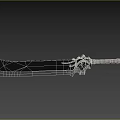 Large Decorative Sword With Intricate Handle Design And Broad Blade