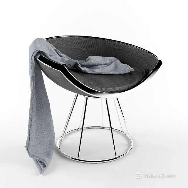 Modern Black Woven Leisure Chair with Gray Blanket on Silver Metal Legs and Round Base 3d model 
