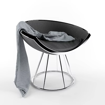 Modern Black Woven Leisure Chair with Gray Blanket on Silver Metal Legs and Round Base 3d model