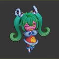 Cute Teal Twin Ponytails Character With Cat Creature Ears And Red Outfit Gold Decorations