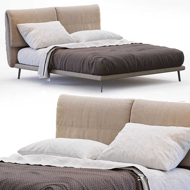 Modern Double Bed With Upholstered Headboard Cozy Quilt And Soft Pillows 3d model 