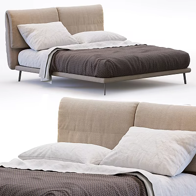 Modern Double Bed With Upholstered Headboard Cozy Quilt And Soft Pillows 3d model